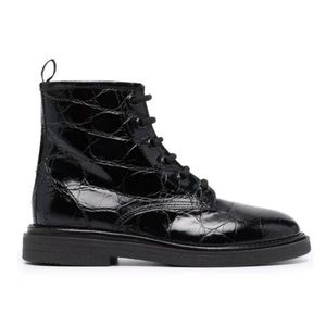 AGL Moreen Croc Patent Leather Combat Boot Lace-Up Black EUR 38